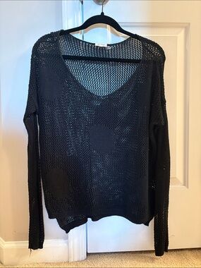 Black Open-Knit Deep Neck Cut Sweater with Polka Dot Patches